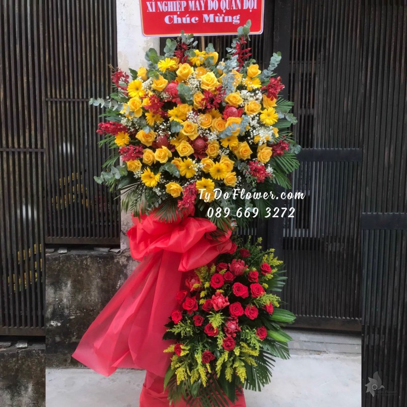 KCM12231196 KỆ HOA CHÚC MỪNG thiết kế tone đỏ vàng