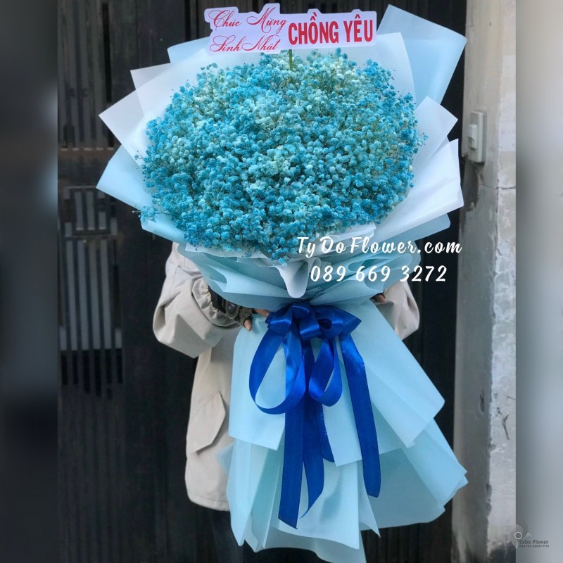 B12231219 BÓ HOA CHÚC MỪNG SINH NHẬT CHỒNG thiết kế Hoa Baby Mảu  Xanh Dương