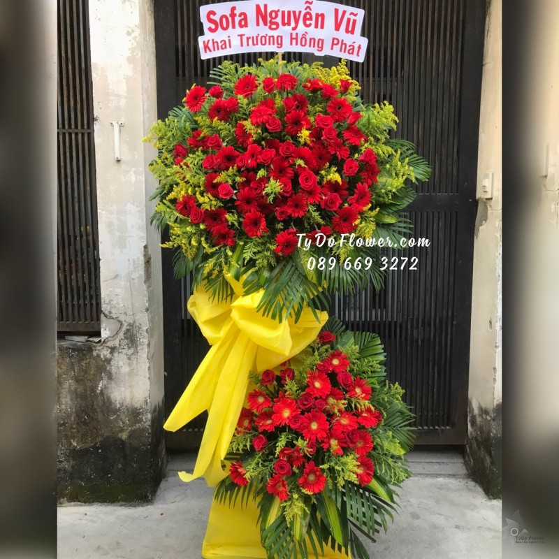 KCM12231226 KỆ HOA CHÚC MỪNG thiết kế tone màu đỏ