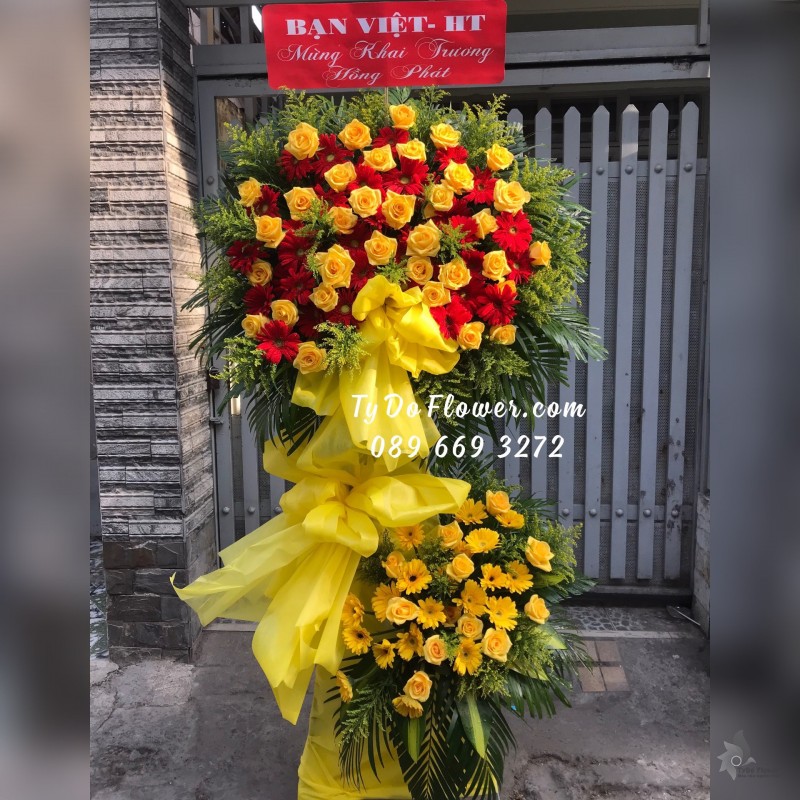 KCM01241317 KỆ HOA CHÚC MỪNG KHAI TRƯƠNG HỒNG PHÁT thiết kế tone màu đỏ vàng