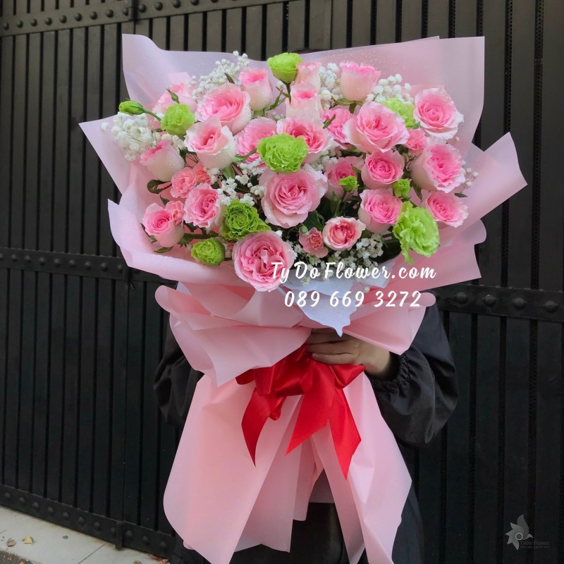 B03241417 BÓ HOA CHÚC MỪNG thiết kế Hoa Hồng Lạc Thần, Cát Tường Xanh Bơ