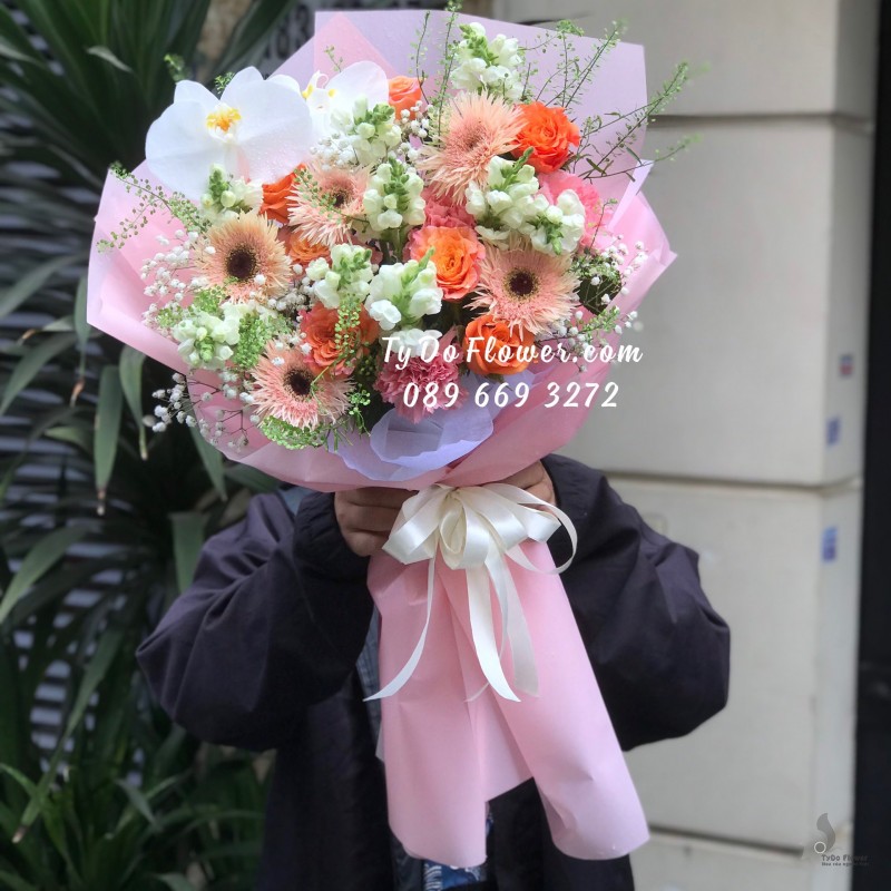 B03241446 BÓ HOA CHÚC MỪNG thiết kế tone màu hồng cam