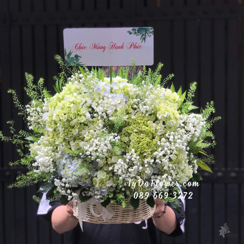 G04241496 GIỎ HOA CHÚC MỪNG HẠNH PHÚC thiết kế hoa cẩm tú cầu xanh bơ