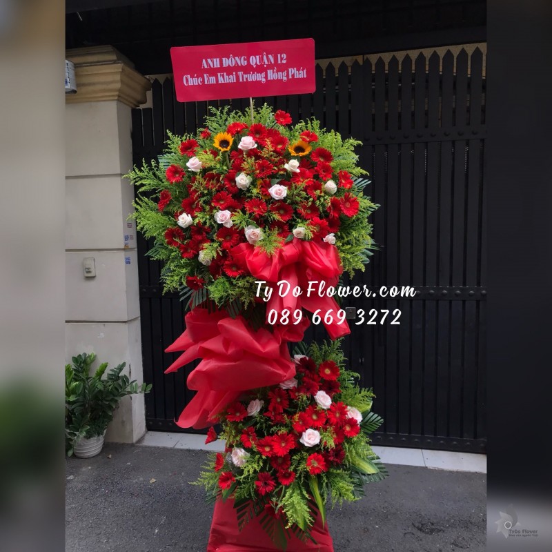 KCM05241551 KỆ HOA CHÚC MỪNG KHAI TRƯƠNG HỒNG PHÁT Thiết kế chủ đạo hoa đồng tiền đỏ