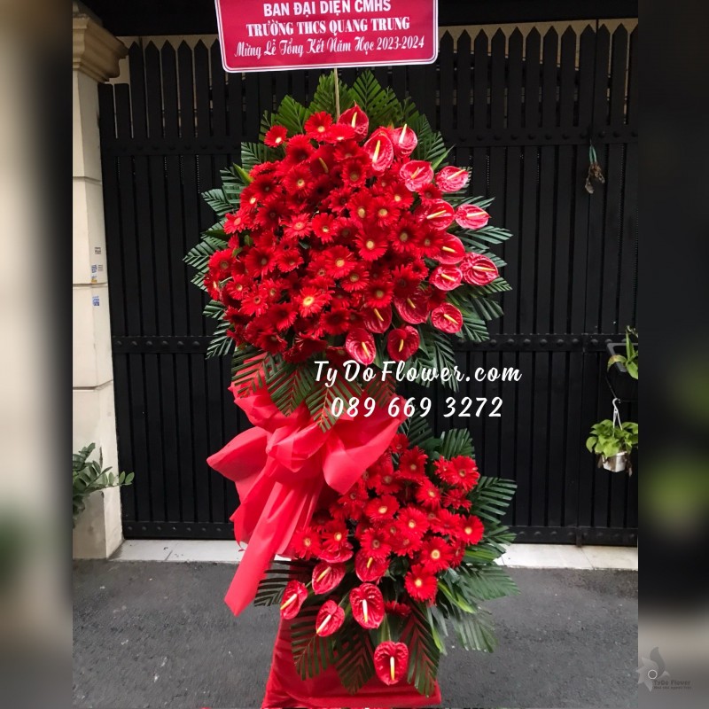 KCM05241560 KỆ HOA CHÚC MỪNG LỄ TỔNG KẾT NĂM HỌC Thiết kế Hoa Đồng Tiền Đỏ, Hồng Môn Đỏ