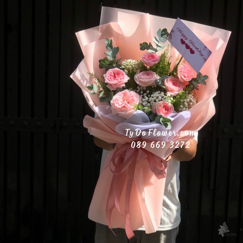 B06241667 BÓ HOA CHÚC MỪNG SINH NHẬT thiết kế Hoa Hồng Pink Ohara Roses