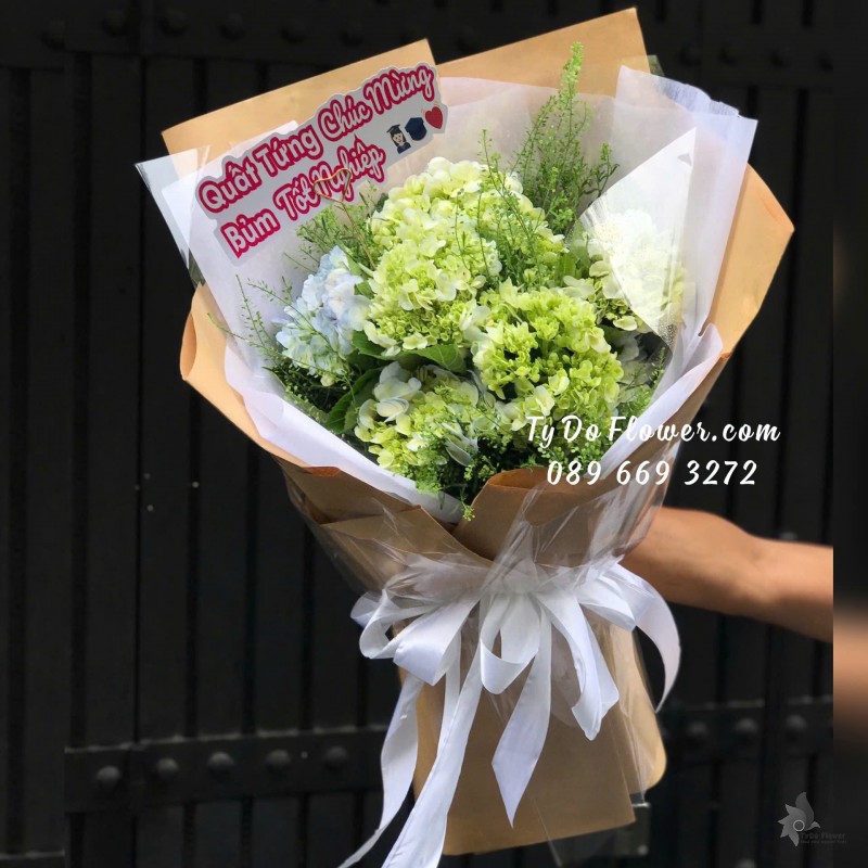 B12242150 BÓ HOA CHÚC MỪNG TỐT NGHIỆP Thiết kế Hoa Cẩm Tú Cầu Xanh Bơ