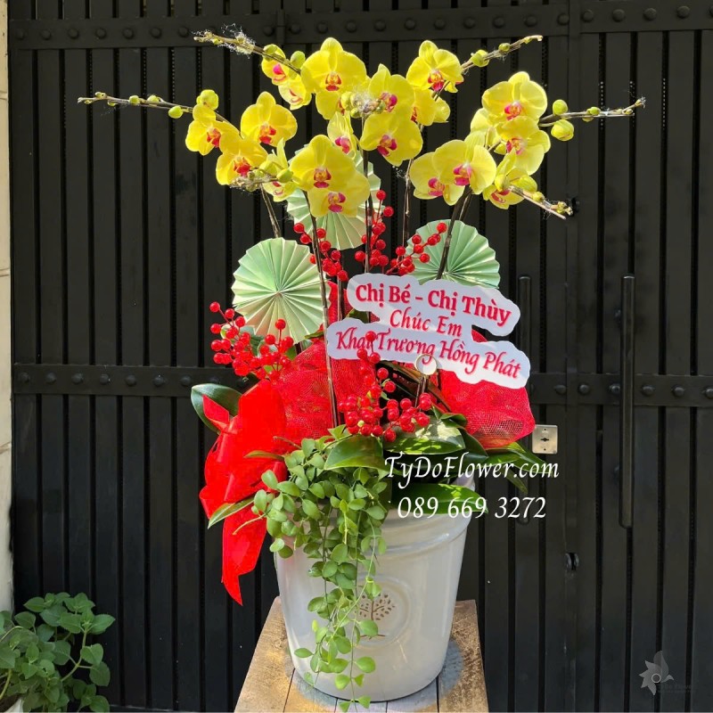 L012522 CHẬU 7 CÀNH LAN HỒ ĐIỆP VÀNG Hoa Chúc Mừng Khai Trương Hồng Phát Thiết kế trang trí phụ kiện sang trọng, cây xanh tiểu cảnh