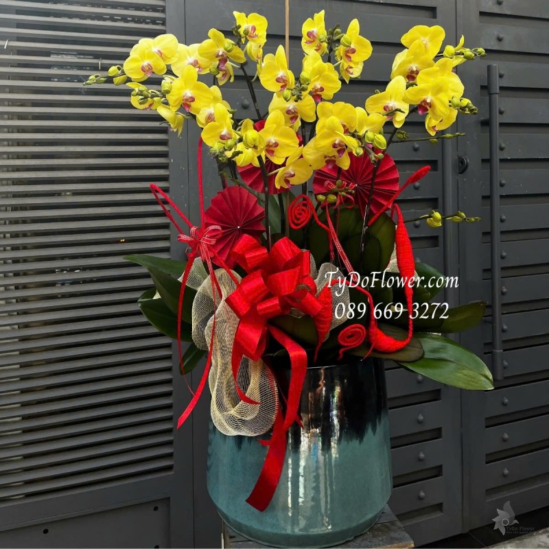 L012527 CHẬU 09 CÀNH LAN HỒ ĐIỆP VÀNG Hoa Chúc Mừng trang trí phụ kiện sang trọng