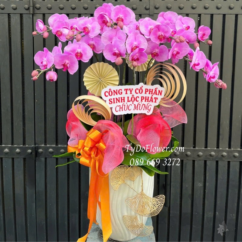 L012530 CHẬU 08 CÀNH LAN HỒ ĐIỆP HỒNG Hoa Chúc Mừng trang trí phụ kiện sang trọng