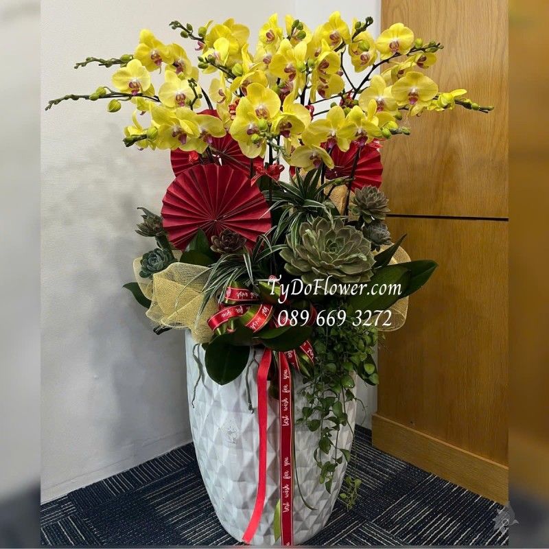 L012532 CHẬU 12 CÀNH LAN HỒ ĐIỆP VÀNG Hoa Chúc Mừng trang trí phụ kiện, hoa sen đá, cây xanh tiểu cảnh
