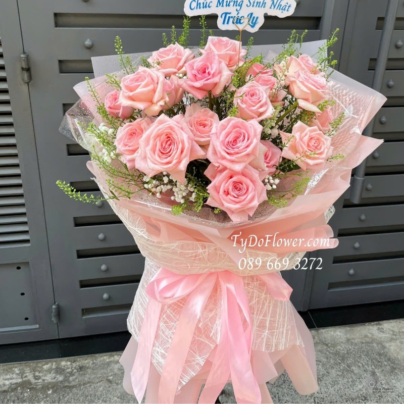 B012537 BÓ HOA CHÚC MỪNG SINH NHẬT Thiết kế Hoa Hồng Pink Ohara
