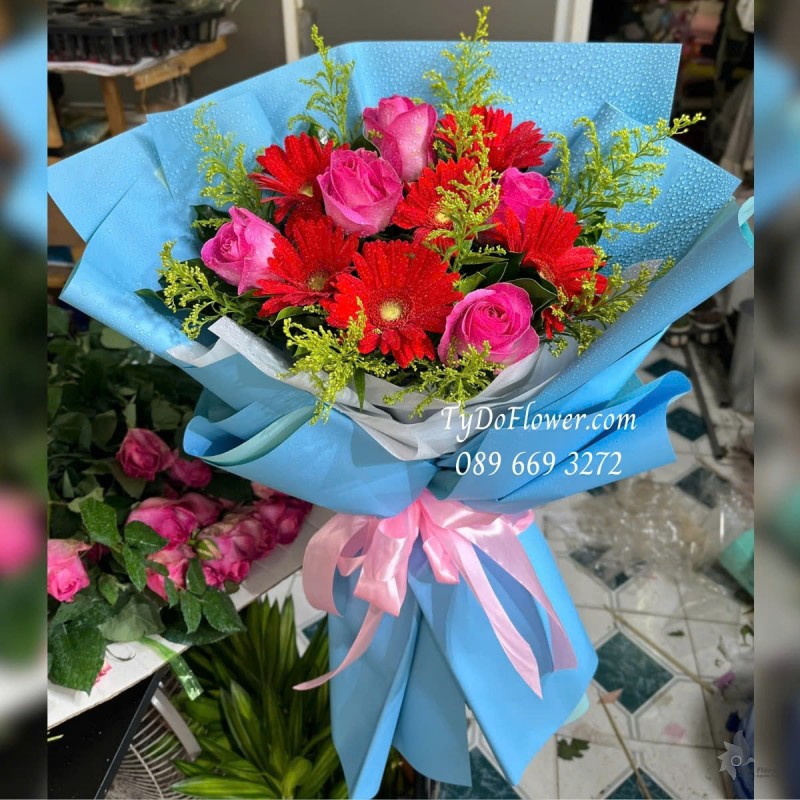 B012541 BÓ HOA CHÚC MỪNG Thiết kế Hoa Đồng Tiền Đỏ, Hoa Hồng Sen Phật