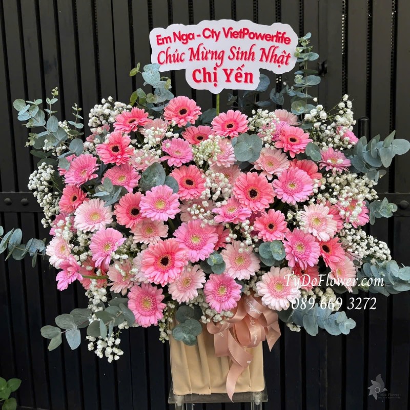 G012558 GIỎ HOA CHÚC MỪNG SINH NHẬT Thiết kế Hoa Đồng Tiền Mini Hồng