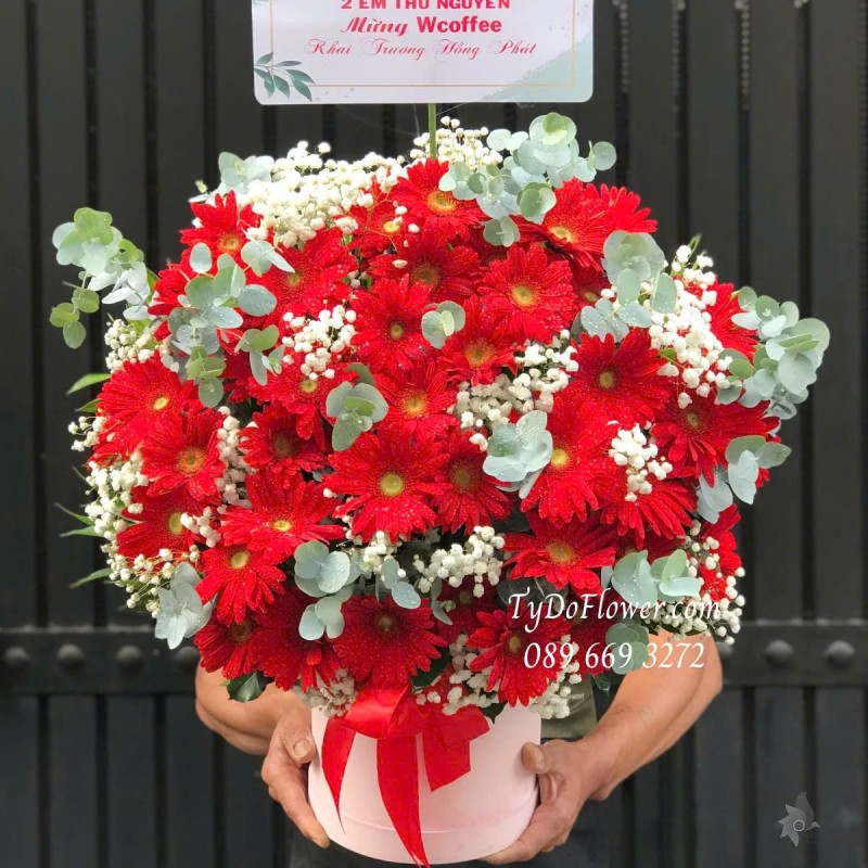 G012584 GIỎ HOA CHÚC MỪNG KHAI TRƯƠNG HỒNG PHÁT Thiết kế Hoa Đồng Tiền Đỏ