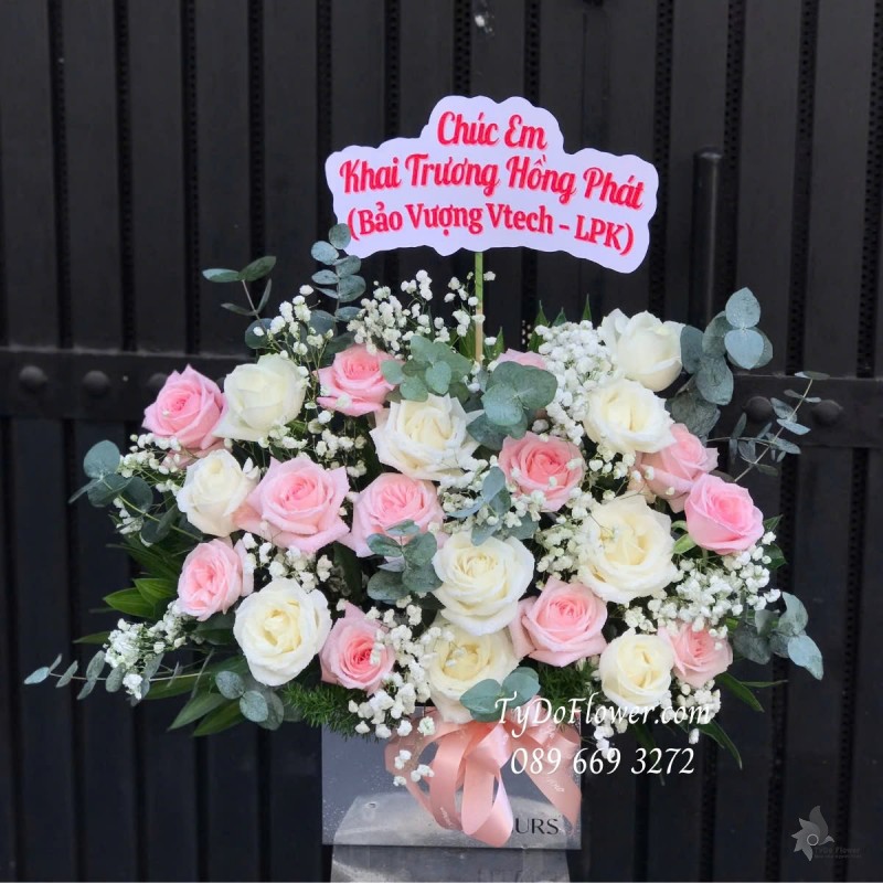 G012585 GIỎ HOA CHÚC MỪNG KHAI TRƯƠNG HỒNG PHÁT Thiết kế Hoa Hồng Trắng, Pink Ohara