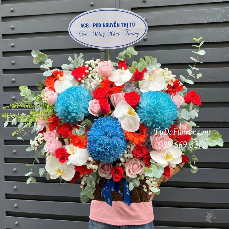 G0125156 GIỎ HOA CHÚC MỪNG KHAI TRƯƠNG Thiết kế tông màu đỏ hồng xanh dương, chủ đạo Hoa Cúc Mẫu Đơn Xanh Dương, Hoa Hồng Đỏ, Hoa Hồng Kem Dâu