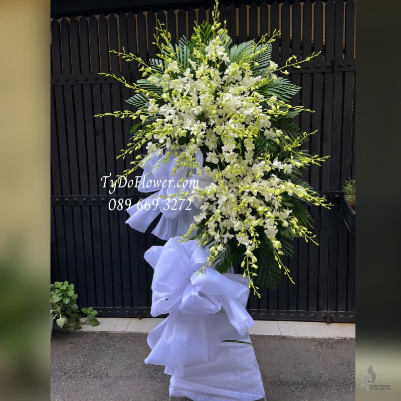KCB0325181 KỆ HOA TANG LỄ VÒNG HOA CHIA BUỒN Kính Viếng Thiết kế 02 tầng Hoa Lan Trắng
