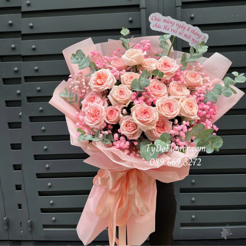 B0325205 BÓ HOA CHÚC MỪNG Thiết kế Hoa Hồng Pink Ohara Roses, Baby Hồng