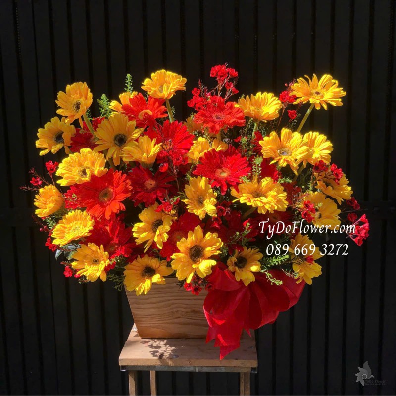 G0325244 GIỎ HOA CHÚC MỪNG Thiết kế Hoa Đồng Tiền Đỏ Vàng