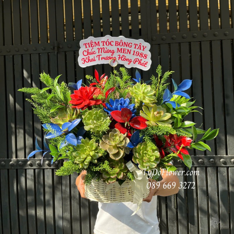 G0425292 GIỎ HOA CHÚC MỪNG KHAI TRƯƠNG Thiết kế Hoa Sen Đá