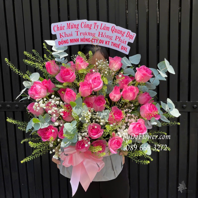 G0425295 GIỎ HOA CHÚC MỪNG KHAI TRƯƠNG HỒNG PHÁT Thiết kế Hoa Hồng Sen Phật