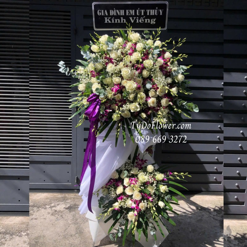 KCB0425319 KỆ HOA TANG LỄ VÒNG HOA CHIA BUỒN Kính Viếng Thiết kế 02 tầng Hoa Lan, Hoa Hồng