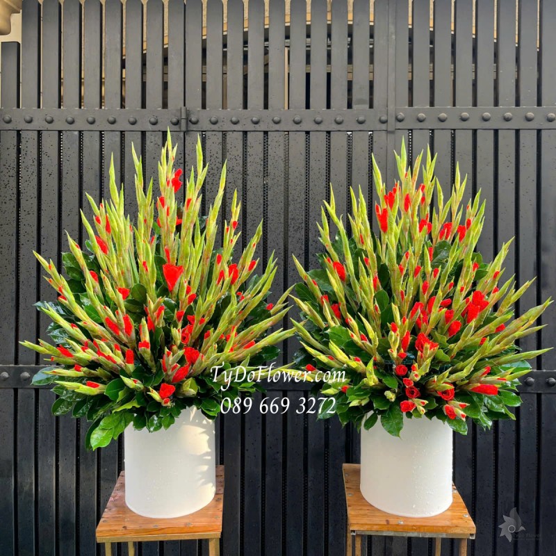  G0325327 MỘT CẶP 02 LẴNG HOA HUỆ LAY DƠN ĐỎ Trang trí Gia Tiên, bàn thờ cúng