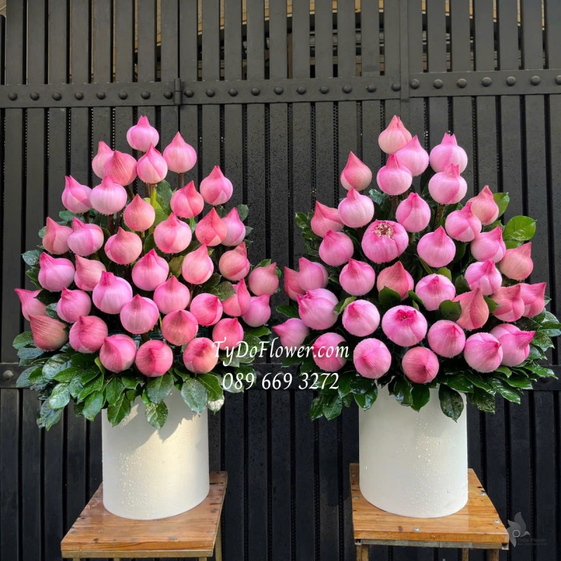 G0325328 MỘT CẶP 02 LẴNG HOA SEN HỒNG Trang trí Gia Tiên, bàn thờ cúng, dâng lễ Phật