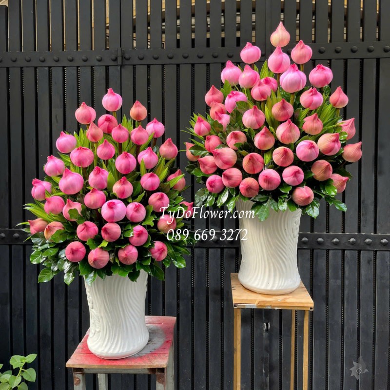 G0325329 MỘT CẶP 02 LẴNG HOA SEN HỒNG Trang trí Gia Tiên, bàn thờ cúng, dâng lễ Phật