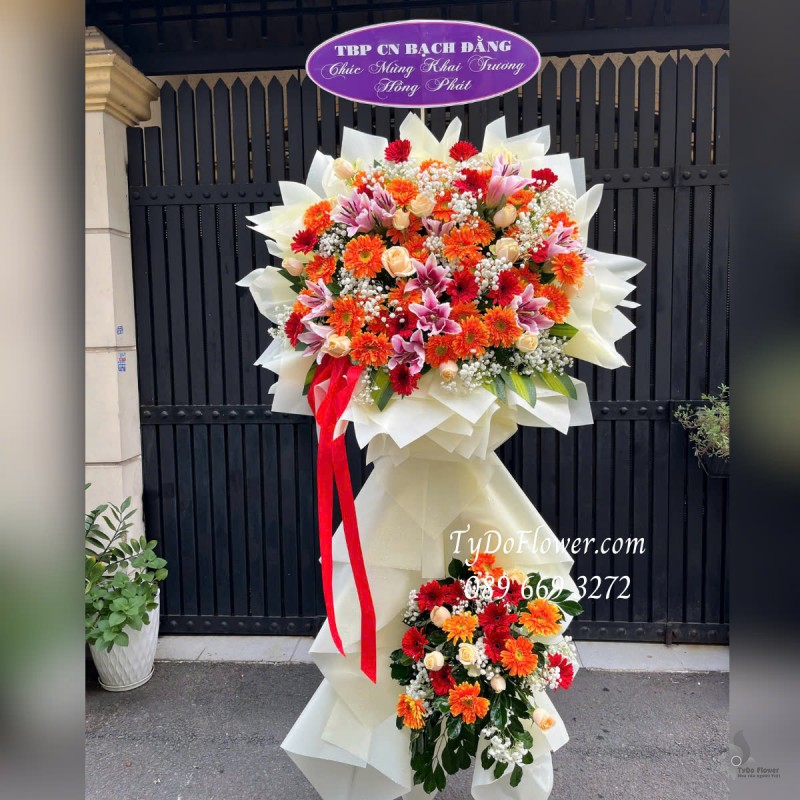 KCM0425332 KỆ HOA CHÚC MỪNG KHAI TRƯƠNG HỒNG PHÁT Thiết kế 02 tầng hoa, Hoa Hồng, Hoa Ly, Đồng Tiền