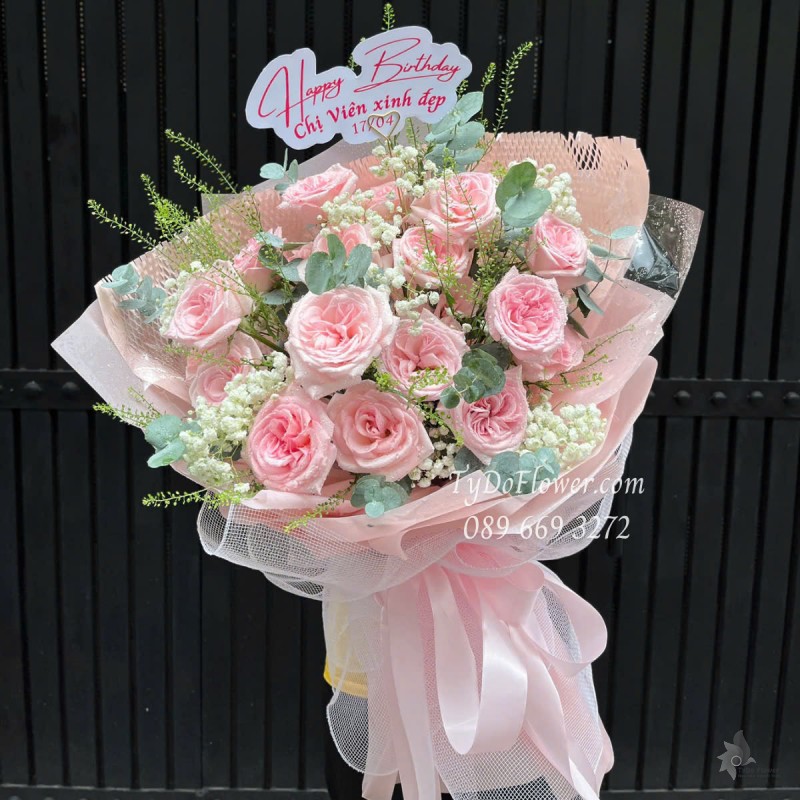 B0425336 BÓ HOA CHÚC MỪNG SINH NHẬT Thiết kế Hoa Hồng Pink Ohara Roses