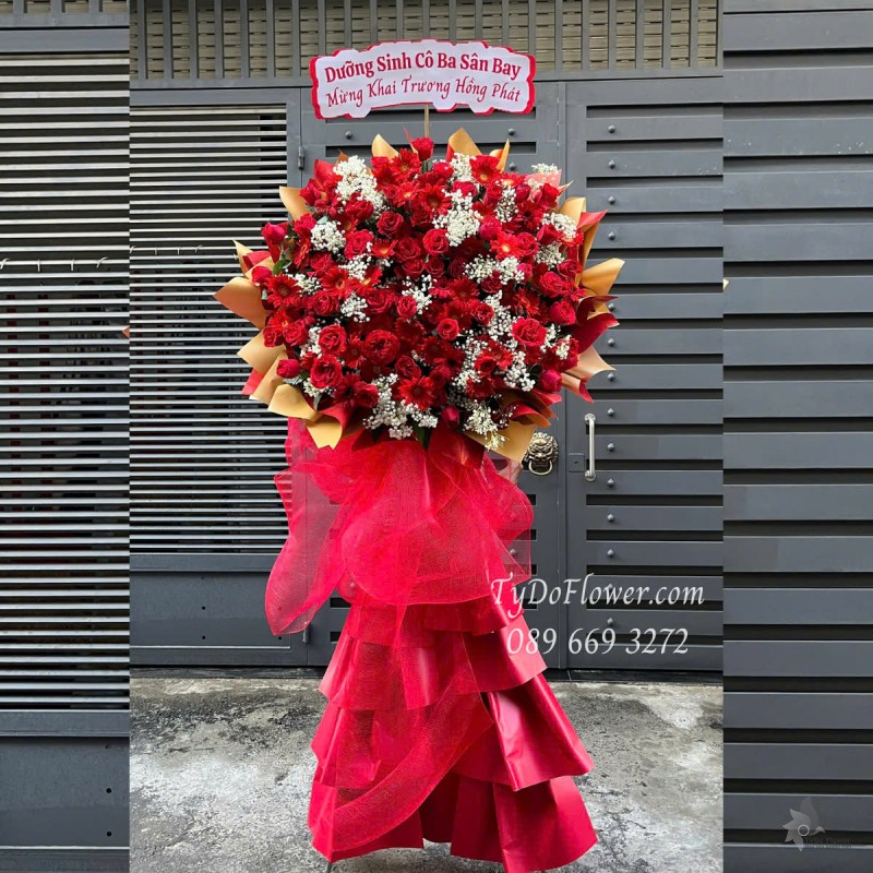 KCM0525360 KỆ HOA CHÚC MỪNG Thiết kế gam màu đỏ, Hoa Hồng, Đồng Tiền