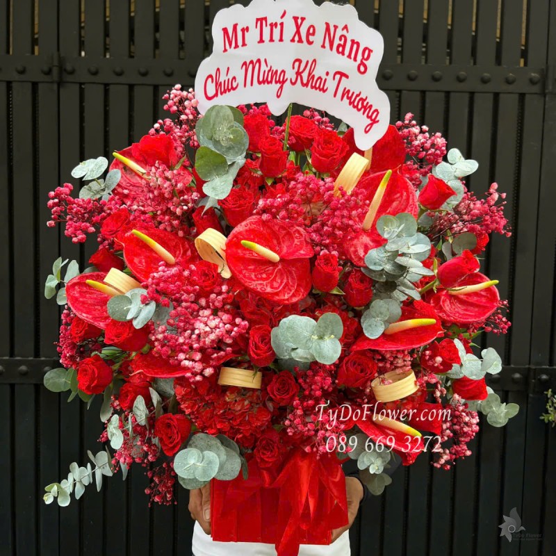 G0525381 GIỎ HOA CHÚC MỪNG KHAI TRƯƠNG Thiết kế Hoa Hồng Đỏ, Hồng Môn, Baby