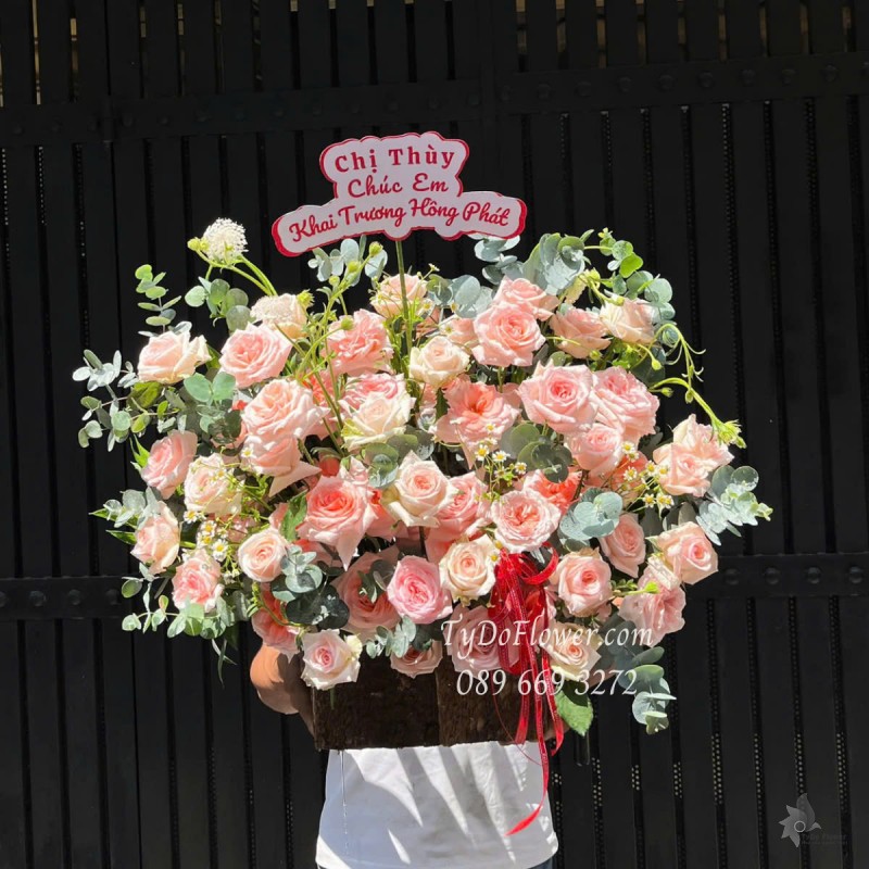 G0525391 GIỎ HOA CHÚC MỪNG KHAI TRƯƠNG HỒNG PHÁT Thiết kế Hoa Hồng Pink Ohara Roses