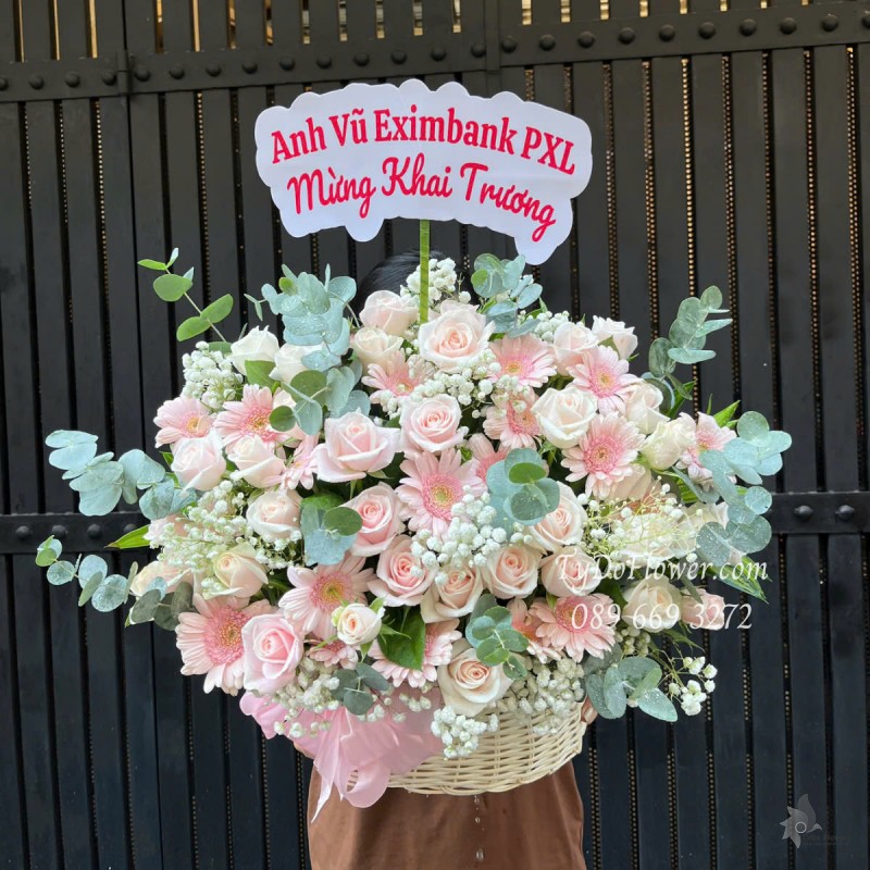 G0525397 GIỎ HOA MỪNG KHAI TRƯƠNG Thiết kế gam màu Pastel hồng, Hoa Hồng Kem, Đồng Tiền, Baby