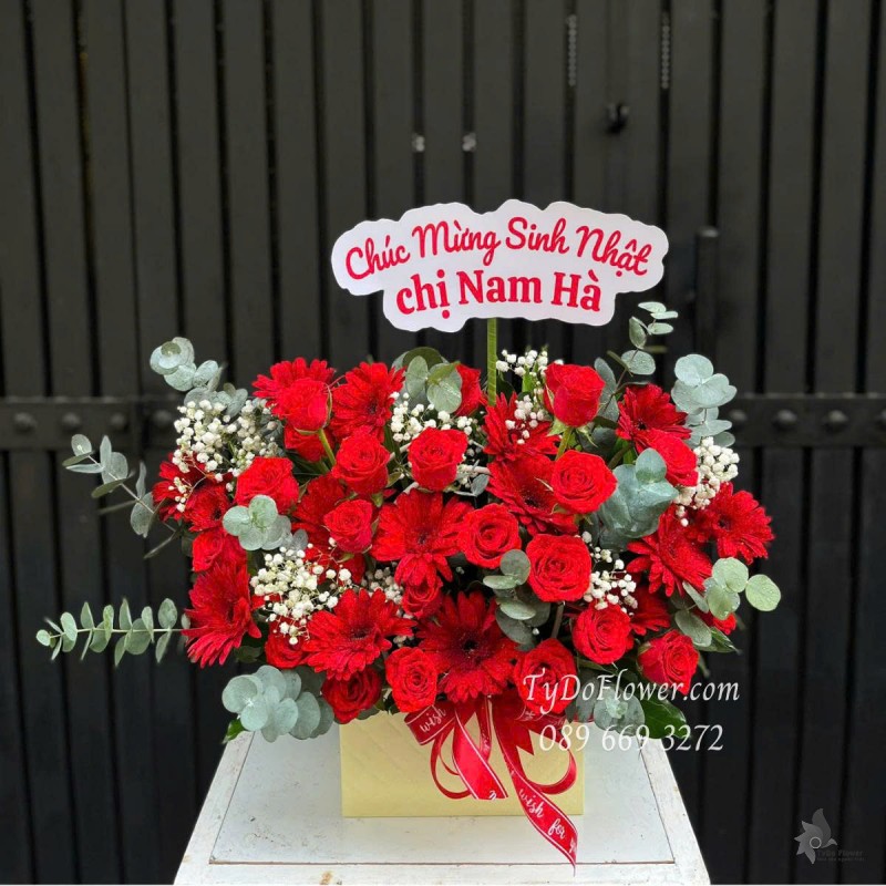 G0625463 GIỎ HOA CHÚC MỪNG SINH NHẬT Thiết kế Hoa Hồng Đỏ, Đồng Tiền Đỏ