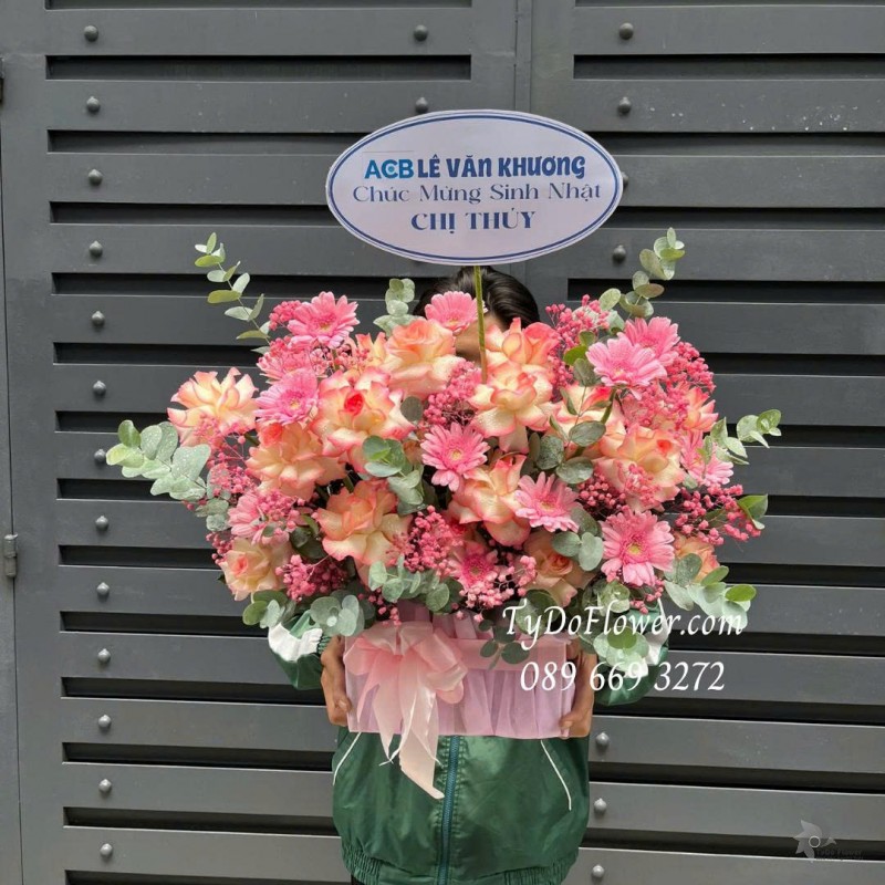 G0725531 GIỎ HOA CHÚC MỪNG SINH NHẬT Thiết kế Hoa Hồng Song Hỷ, Đồng Tiền Hồng