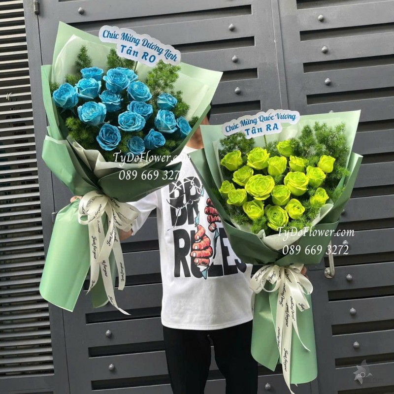 G0825577 BÓ HOA CHÚC MỪNG Thiết kế Hoa Hồng Xanh