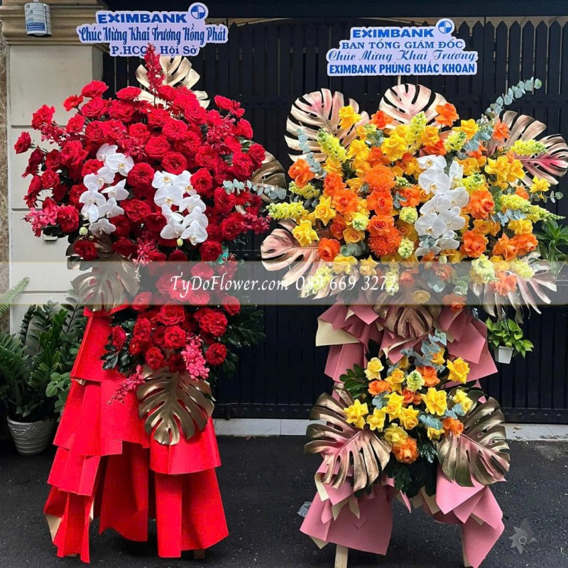 KCM0825623 MỘT CẶP KỆ HOA CHÚC MỪNG KHAI TRƯƠNG Thiết kế gam màu đỏ vàng cam