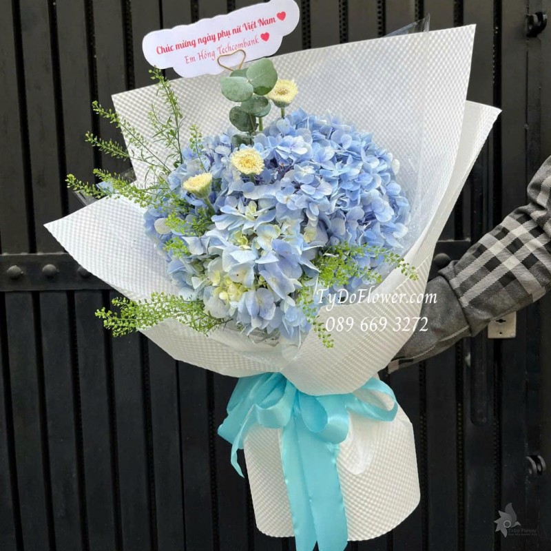 B1025810 BÓ HOA CHÚC MỪNG Thiết kế hoa cẩm tú cầu xanh dương